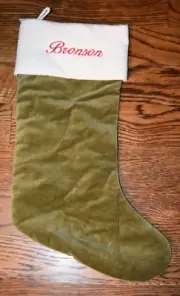 Pottery Barn Classic Velvet Stocking Green Monogram Bronson NEW NWT Medium