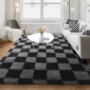 Checkered Rugs for Living Room 5x8 Black and Grey, Fluffy Fuzzy Plush Soft Sh...