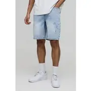 Mens Stonewash Relaxed Stone Washed Blue Cross Applique Denim Shorts
