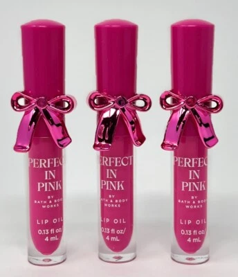 3 NEW BATH & BODY WORKS PERFECT IN PINK LIP OIL GLOSS SHINE BALM WAND PINK BOW