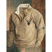 Men's Sweatshirt Quarter Zip Sweatshirt Black Brown Brown 2 Half Zip Color Block Reindeer Half Zip Print Sports Outdoor Daily Holiday Polyester Vintage Street