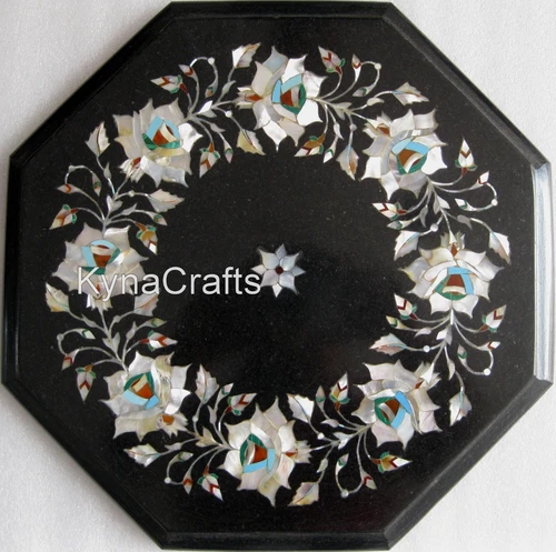 Black Marble Coffee Table Top Mother of Pearl Inlay Work Hallway Side Table