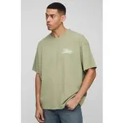 Mens Khaki Oversized Washed Homme Script Printed T-Shirt