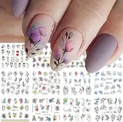 Flower Leaf Nail Art Stickers Water Transfer Nail Decals 12PCS Geometry Line Flower Leaves Nail Stickers for Nail Art Colorful Slider Blooming Water Decals for Summer Nail Art Decorations Supplies