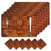PVC Dining Table Placemat and Tea Coaster Set, Set of 6, Checkered, Brown