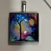 Tree of Life 1” Square Glass Cabochon Silver Pendant 24” Necklace Jewelry Gift