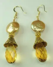 Genuine Coin Pearl & Crystal Briolette Earrings Handmade Jewelry