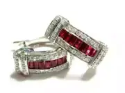 2.3Ct Baguette Lab-Created Red Ruby 14K White Gold Plated Huggie Hoops Earrings