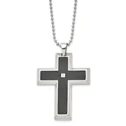 Stainless Steel Chisel Polished With Black Carbon Fiber Inlay .0.1 Carat Diamond Cross Pendant On A 24 Inch Ball Chain Necklace
