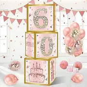 60th Birthday Decorations Boxes for Women - 3PCS Pink Rose Gold Happy 60th Birthday Balloons Boxes,Sixty Year Old Bday Theme Cardboard Box Decor