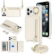 SunYoo for iPhone 11 Pro Crossbody Case with Card Holders Money Slots Zipper Coin Purse Rotatable Ring Kickstand Cover Wristlet Strap Lanyard Litchi Leather Wallet Flip Cover for iPhone 11Pro White