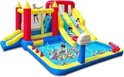 Inflatable Water Slide with Air Blower, Water Bounce House with Slide, Castle Bounce House with Splash Pool, Water Cannon, Climbing Wall, Basketball Hoop, Backyard Water Slide for Kids