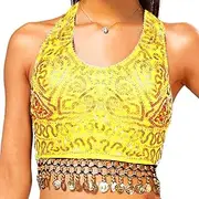 [Graeen] Women Sequin Crop Top Belly Dance Bra Top Coin Talter Tank Top Costume Sequin Tassel Top