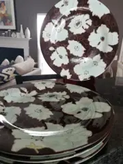 Set Of 4 XLarge Laurie Gates Dinner Plates Brown & Light Blue Flowers 13.25"