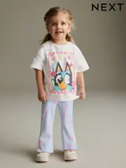 Blue/Ecru Bluey Short Sleeve T Shirt and Flare Leggings Set (3mths-7yrs) (AJ2618) | $33 - $42
