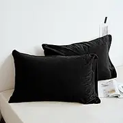 KAREVER Black Velvet Pillowcases Envelope Closure Pillow Covers Pack of 2 Solid Black Velvet Bed Pillowcases Queen Pillowshams 20"X26"