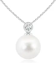 [Angara] Freshwater Cultured Pearl Pendant Necklace with Bezel Diamond in Sterling Silver/14ct Solid Gold for Women | June Birthstone Jewellery for Her
