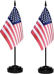 USA Desk Flag Set, 2 Pack American US Table Office Flags, Small Mini Desktop Flag With 12" Solid Black Pole, Black Base, Miniature Desktop Flag