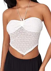 [CIDER] Halter Tops for Women Open Back Ruched Knotted Asymmetrical Boho Vacation Tank Crop Tops