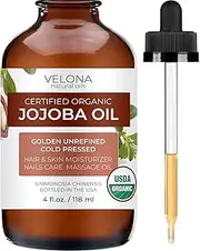Velona Jojoba Oil USDA Certified Organic - 4 oz (With Dropper) | Golden, Unrefined, Cold Pressed | For Face Hair Body Skin Care, Stretch Marks, Cuticles | Moisturizing Natural Carrier Oil Hexane Free…