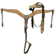 Showman TURQUOISE Beaded Floral Leather Browband Headstall & Breastcollar Set