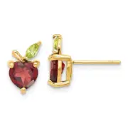 14K Solid Yellow Gold Garnet Peridot Apples Stud Heart Earrings