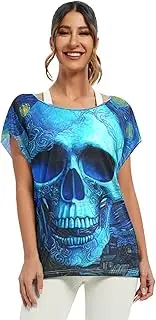 [RPLIFE] Blue Skull Swirling Sky Blue Batwing Shirts Off Shoulder Blouse, Night Out Tops for Women