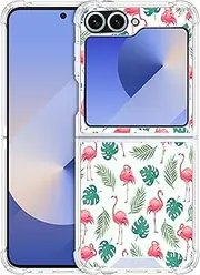 GlamCase Clear Case for Samsung Galaxy Z Flip 6 5G, Galaxy Z Flip 6 Clear Case - Flamingo Tropical Leaf Pattern Design Printed Clear Shockproof Protective Designer Back Case for Samsung Z Flip 6