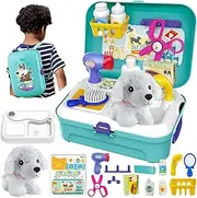HERSITY Vet Toy Pet Care Kit Role Play Set Grooming Feeding Dog Animal Games Backpack Educational Toy for Kids 3 4 5 Years Old Girls Boys
