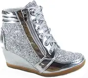 [Forever Link] Women's Fashion Glitter High Top Lace Up Wedge Sneaker Shoes