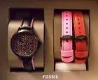 FOSSIL 3 PC SET BLACK TONE,BLACK+RED+PINK LEATHER BAND,POLKA DOT WATCH-BQ3151SET