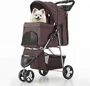 MoNiBloom Foldable Dog Strollers for Small Dogs with Weather Cover, 3 Wheels Pet Strolling Cart for Dogs and Cats with Storage Basket and Cup Holder, Breathable and Visible Mesh for All-Season, Coffee
