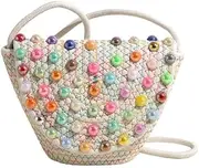 [Generic] Women Small Crossbody Handbag Purse Artificial Beaded Handwoven Summer Beach Shoulder Bag Woven Cotton and linen Crochet