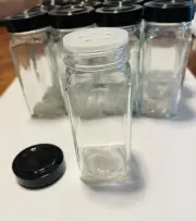 Set Of 16 Clear Glass Spice Bottles W/ Black Caps And 1 Glass Spice Grinder