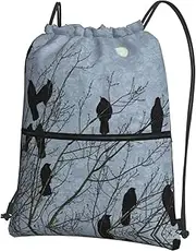 EdWal Black Crow Birds Print Drawstring Backpack Gym Bags Sports Bags With Zipper Pocket For Travel Beach, Black, One Size