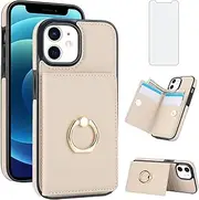 Asuwish Phone Case for iPhone 11 6.1 Cover with Tempered Glass Screen Protector and RFID Credit Card Holder Slot Kickstand Ring Cell Flip iphone11case iPhone11 i Phone11 11s XI 11R Women Men Off White