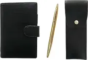 Eco B7 Leather Mini Organizer and Round Button Pen Case Black Elegant Gold Rotating Ballpoint Pen Set LS002B-BRSB-DS2