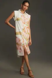 Anthropologie The Lillian Cap-Sleeve Button-Front Midi Dress M Nwt Watercolor