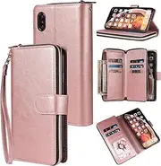 YocoverTech for iPhone XR Case, for iPhone XR Wallet Case[9 Card Slots+1 Cash Slot] PU Leather Stand Flip Zipper Wallet Cover[6.1 inch]-Rose Gold