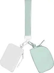 [wigmoa] an-7 Women's Dual Pouch Mini Zip Wristlet Wallet with Keychain - Portable Coin Purse & Coin Pocket, Mini Wallet Detachable Card Holder. (White/Mint Green)