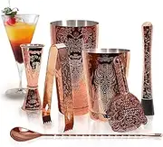 SKY FISH Bartender Kit Cocktail Shaker Set-6 Pieces Stainless Steel Copper Plated Etching Bar Tools with Boston Shaker Tins,Mixing Spoon,Mojito Muddler,Jigger,Hawthorne Strainer,Ice Tongs