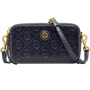 【TORY BURCH】專櫃款午夜藍浮雕LOGO皮革雙拉鍊迷你斜背相機包