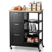 Giantex Mobile Kitchen Island Rolling Cart w/Rubber Wood Countertop & 3 Drawers Lockable Steel Casters Serving Trolley Black