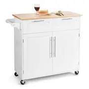 Costway Kitchen Island Trolley Serving Cart Rolling Storage Cabinet w/Rubber Wood Top/Towel Rack/Drawer, White