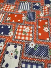 Vintage Groovy 70s Polyester Fabric Blue Red Cheater Patchwork 40" x 58"
