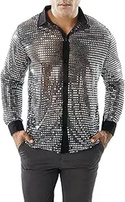 COOLOYA Men's 70s Sparkly Disco Top Shiny Sequin Long Sleeve Retro Button Front Party Shirt Tops