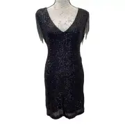 Betsey Johnson Sequin Black Mini Dress with Metal Fringes on sleeves Sz M