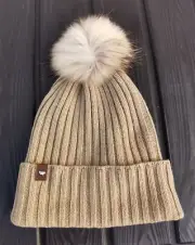 MAX MARA Brown Beani HAT in Wool-Cashmere with Real Fur Pom Pom ONE SIZE