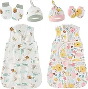 2 Pack,Newborn Sleep Sack,Winged baby anti startle swaddling clothes，100% Cotton Sleepsack Swaddle,3-6 Months,3-Way Adjustable Wearable Transition Blanket, Hat and Mittens, Animal and Floral Patterns