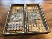 Backgammon Set with Intricately Inlaid Wood Marquetry Handmade Vtg NEW